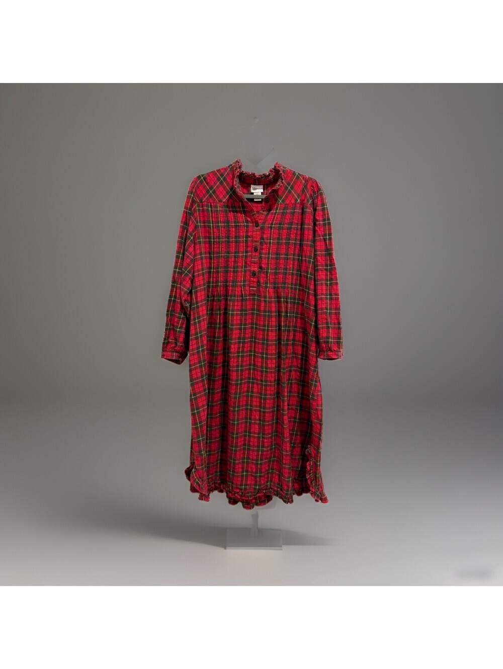 VTG Adonna Plaid Flannel Nightgown XL Red Green Tartan Ruffle Cotton Cottagecore